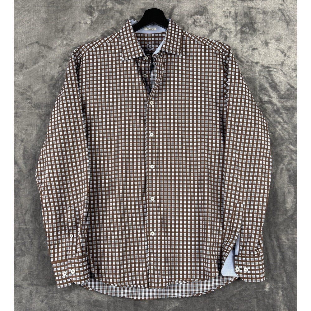 Bugatchi Uomo Shirt Men L Brown &‎ Blue Plaid Long Sleeve Flip Cuff 100% Cotton